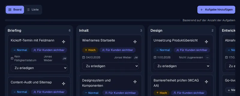 Screenshot des Herovant-Projektboards mit Aufgaben in Spalten