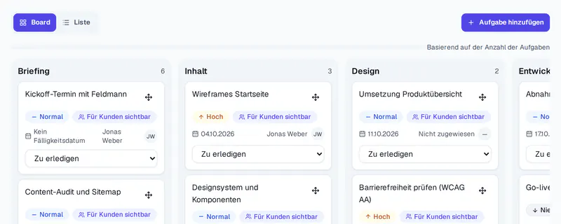 Screenshot des Herovant-Projektboards mit Aufgaben in Spalten
