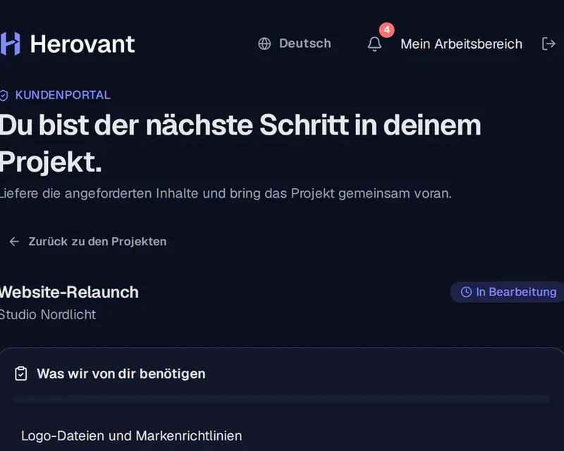 Screenshot des Herovant-Kundenportals