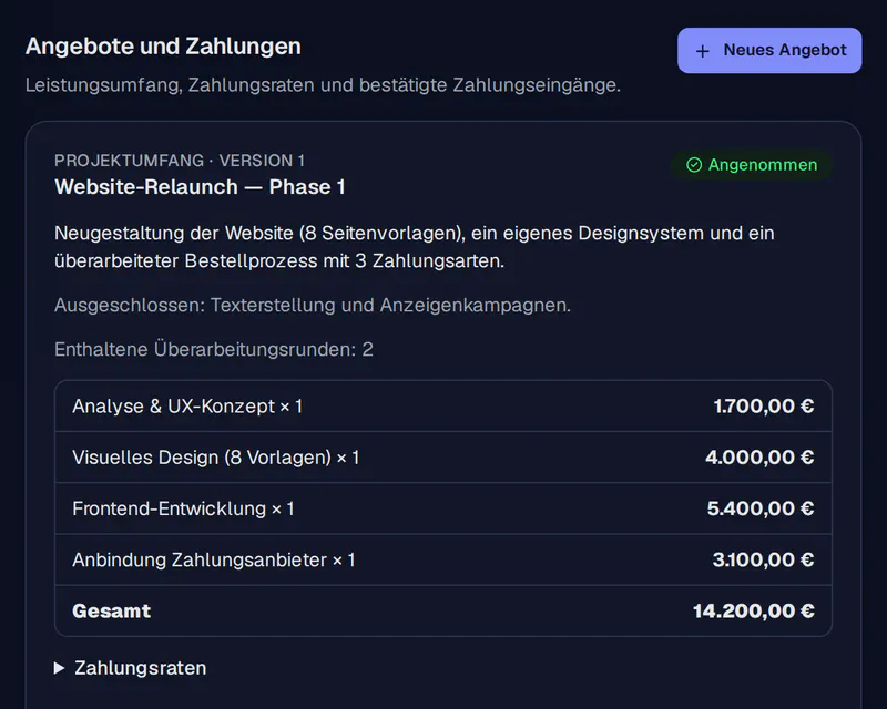 Screenshot eines Angebots in Herovant