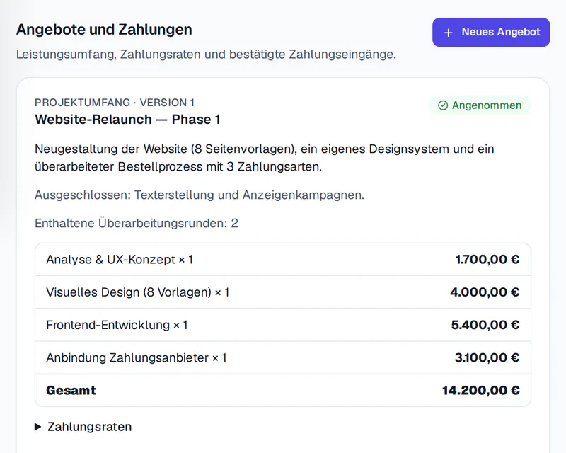 Screenshot eines Angebots in Herovant