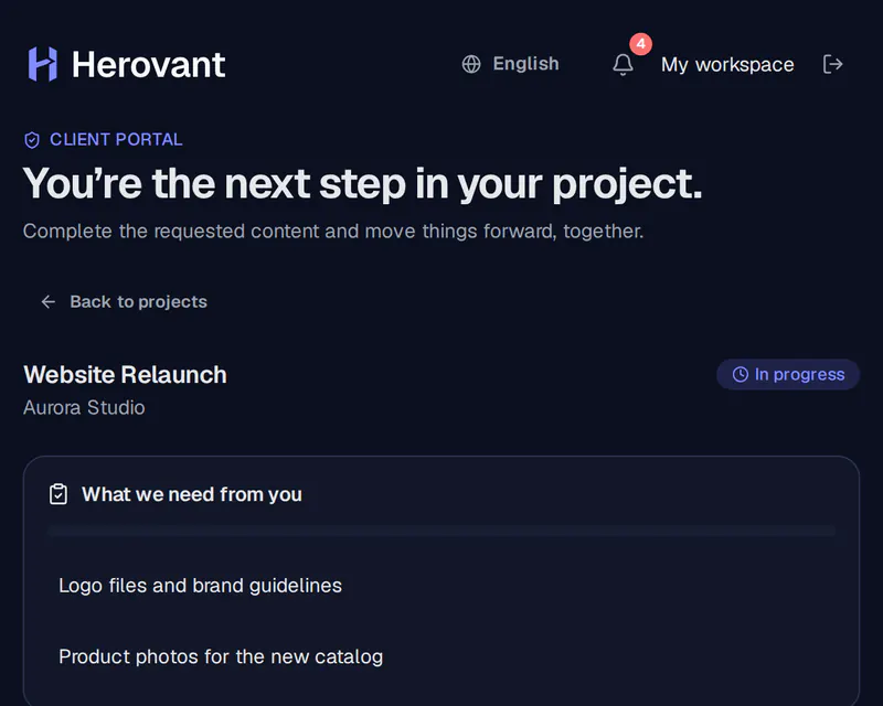 Screenshot of the Herovant client portal