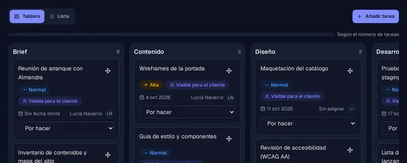 Captura del tablero de proyectos de Herovant con tareas organizadas en columnas