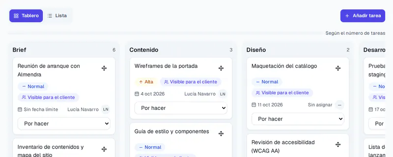 Captura del tablero de proyectos de Herovant con tareas organizadas en columnas