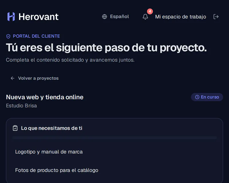 Captura del portal del cliente de Herovant