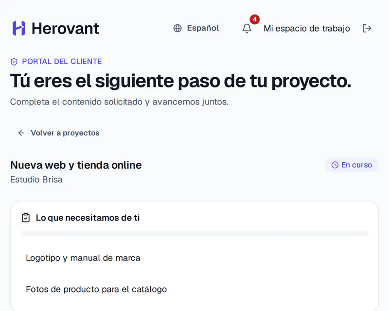 Captura del portal del cliente de Herovant