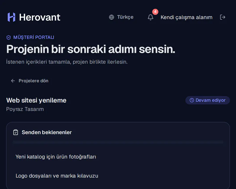Herovant müşteri portalının ekran görüntüsü