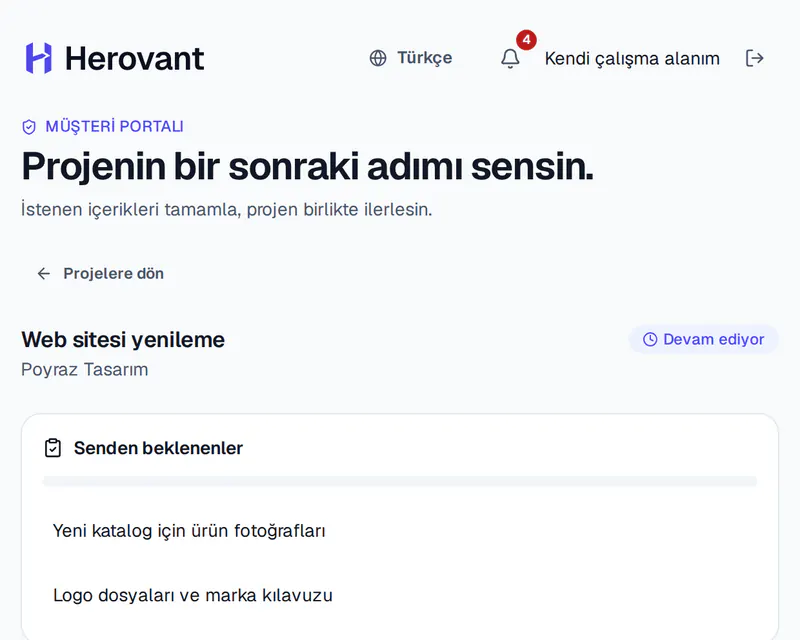 Herovant müşteri portalının ekran görüntüsü